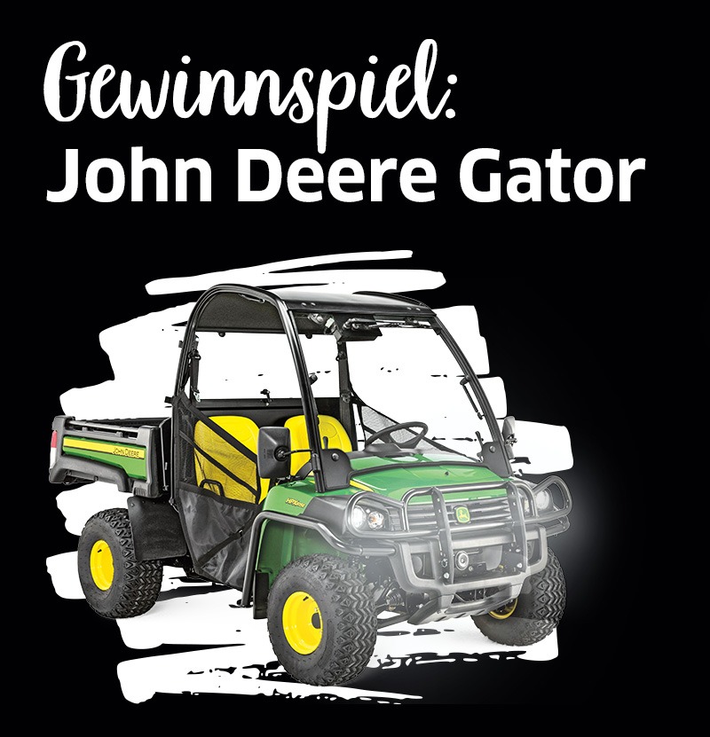 Text: Gewinnspiel: John Deere Gator mit einer Abbildung des gewinns daneben