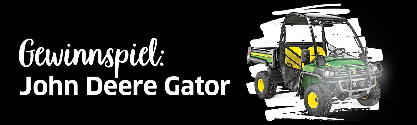 Text: Gewinnspiel: John Deere Gator mit einer Abbildung des gewinns daneben
